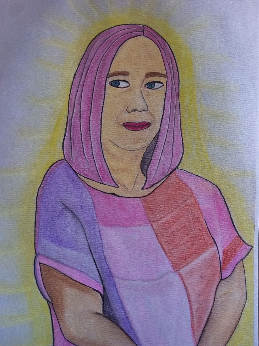 Chalk pastel drawing of a woman with pink hair and a yellow aura.